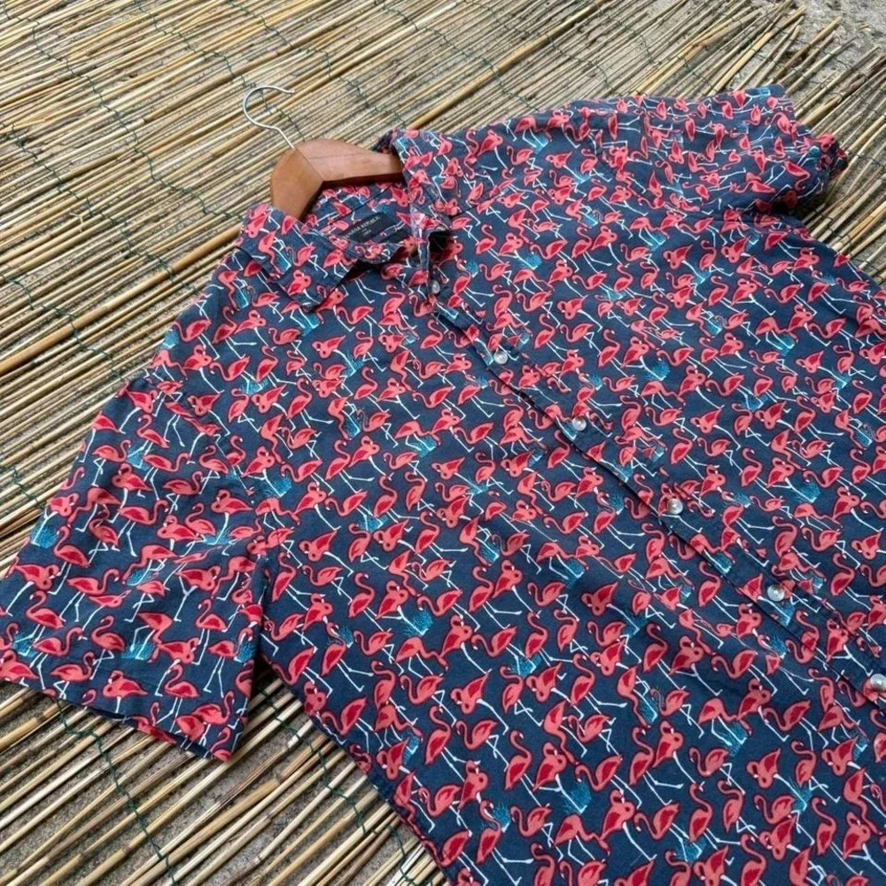 Banana Republic Linen Cotton Flamingo Print Shirt Size Large Short Sleeve Summer